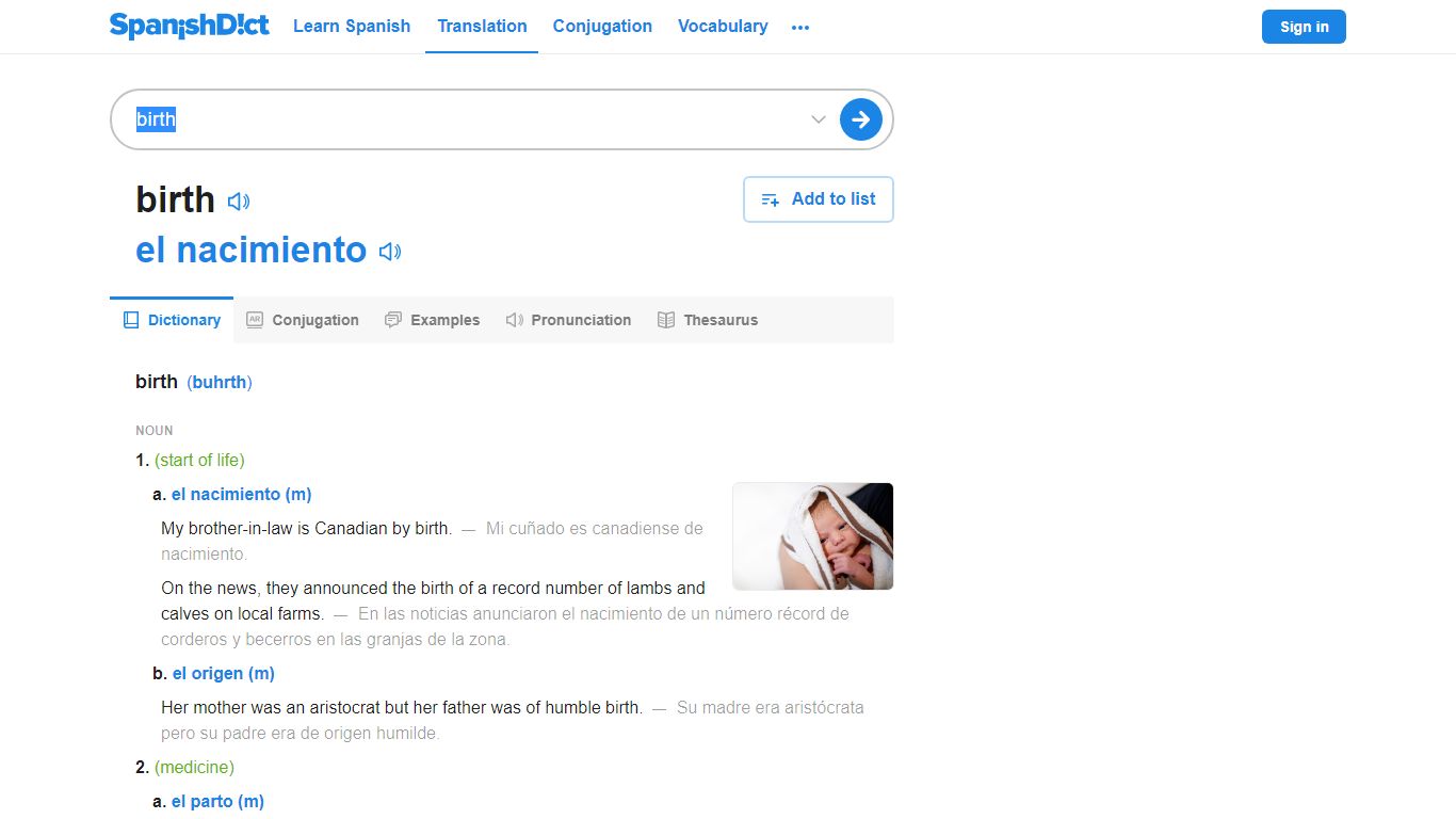 Birth in Spanish | English to Spanish Translation - SpanishDict