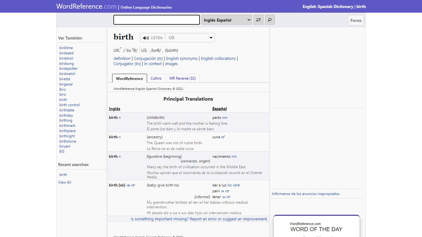 birth - English-Spanish Dictionary - WordReference.com