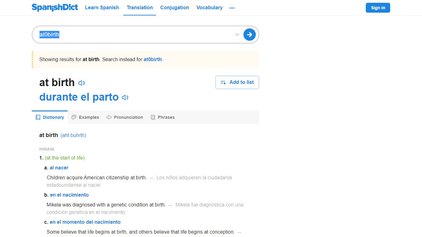 At birth in Spanish | English to Spanish Translation - SpanishDict